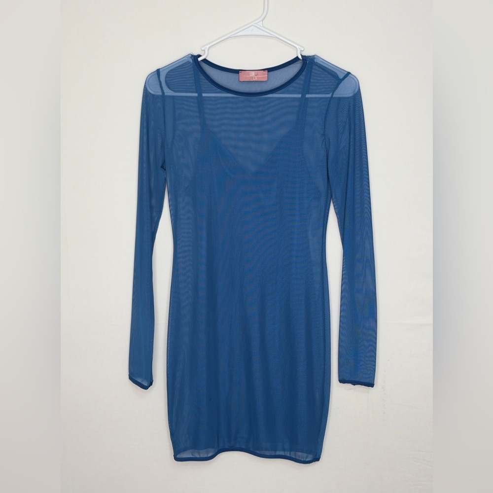 LUX LA women’s Size M Blue Mesh Overlay Dress Set Slip  Long Sleeve Stretch(E17)